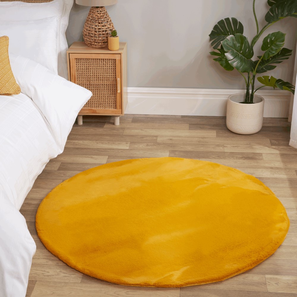 Luxe Faux Fur Modern Plain Circle Rug in Ochre Yellow